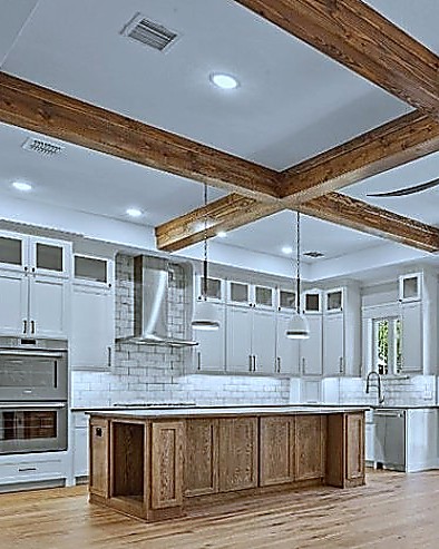 Oak Street kitchen island with reclaimed beams